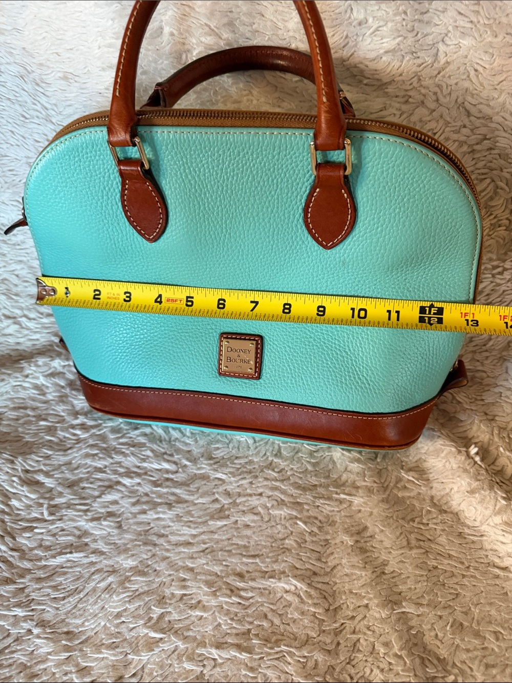Dooney & Bourke Aqua Pebble Leather Satchel with Brown Trim and Handles - Picture 11 of 13